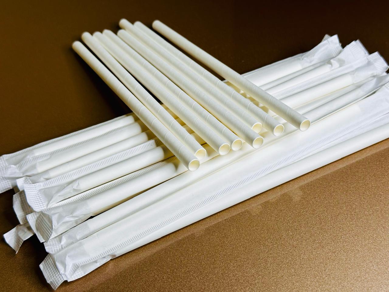 Canudos de papel biodegradáveis embalados individualmente, alternativa ecológica ao plástico